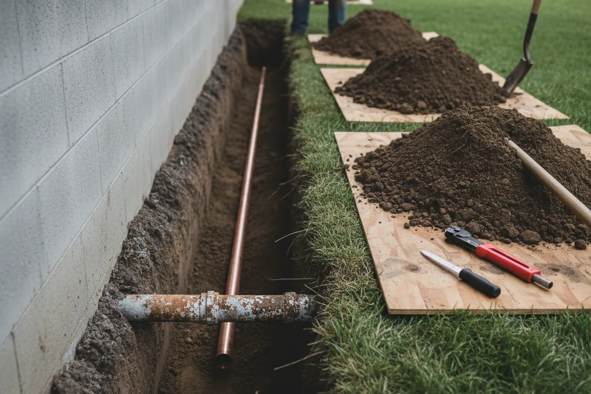 Excavated water line trench during Water Softener Installation in Gates Mills
